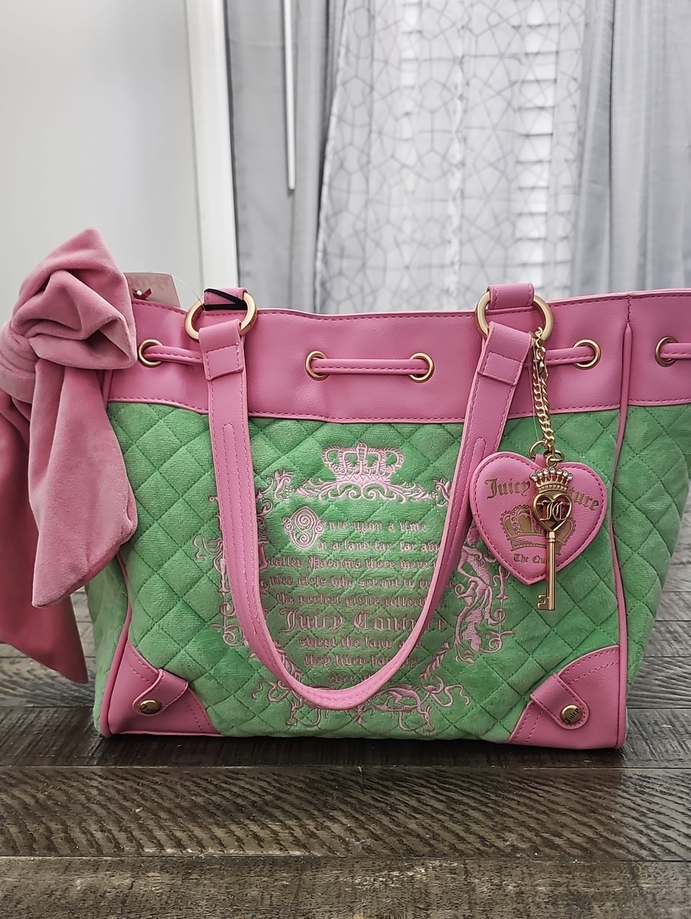 Juicy Couture Pink and Green Quilted Tote with Charm